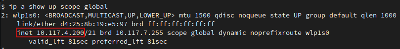 exemple de résultat de la commande ip, avec l'adresse encadrée